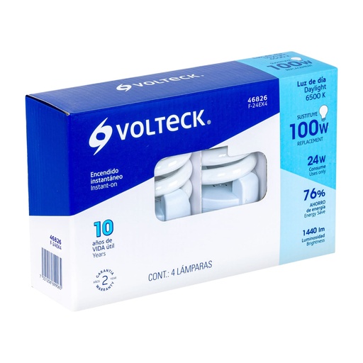 [46826] Pack 4 lámparas espiral T4 24 W luz de día, caja, VOLTECK F-24EX4