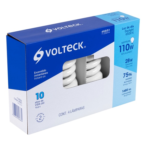 [46851] Pack 4 lámparas espiral T4 28 W luz de día, caja, VOLTECK F-28EX4