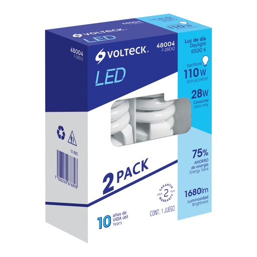 [48004] Pack 2 lámparas espiral T4 28 W luz de día, blíster, Volteck F-28EX2