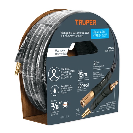 [102473] Manguera para compresor, híbrida, 15m x 3/8', TRUPER MAN-HI-15-3/8