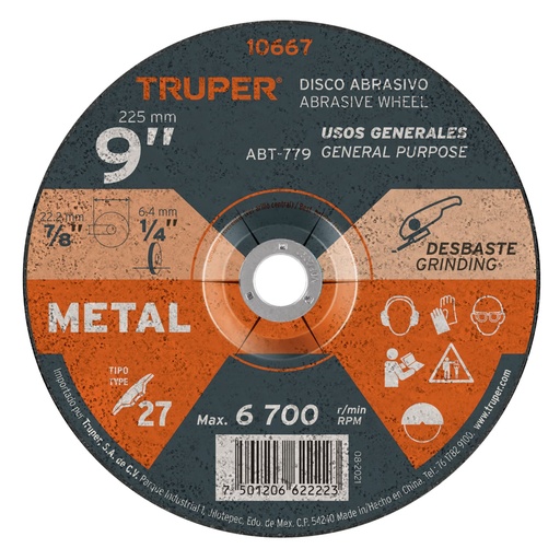 [10667] Disco Tipo 27 de 9' x 6.4 mm para desbaste de metal, TRUPER ABT-779