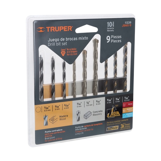 [11339] Juego de 9 brocas para metal, concreto y madera, TRUPER JBMX-9