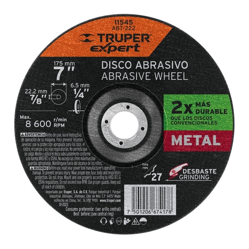 [11545] Disco Tipo 27 de 7' x 6.4 mm desbaste de metal, EXPERT ABT-222