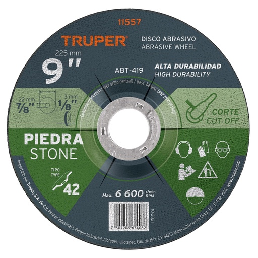 [11557] Disco Tipo 42 de 9' x 3.2 mm para corte de piedra, Truper ABT-419