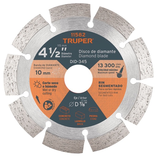 [11582] Disco de diamante de 4-1/2' x 2.1 mm, rin segmentado, TRUPER DID-345
