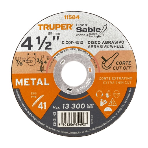 [11584] Disco abrasivo de corte preciso metal 4-1/2' x 1.2 mm,TRUPER DICOF-4512