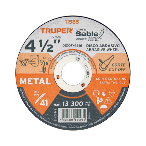 [11585] Disco Tipo 41 de 4-1/2' x 1.6 mm corte fino de metal, Sable DICOF-4516