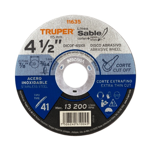 [11635] Disco abrasivo de corte preciso acero inox 4-1/2'x1mm TRUPER DICOF-4510I