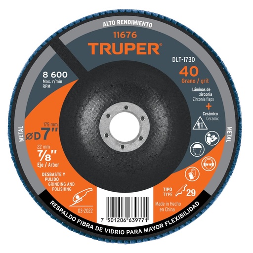 [11676] Disco laminado 7', grano 40 centro 7/8', fibra, TRUPER DLT-1730
