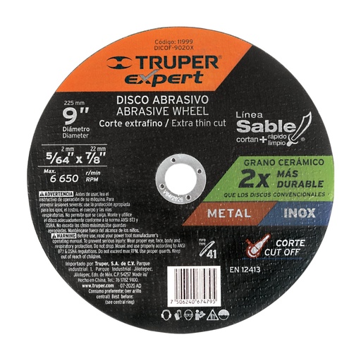 [11999] Disco abrasivo de corte preciso metal 9' x 2 mm, EXPERT DICOF-9020X