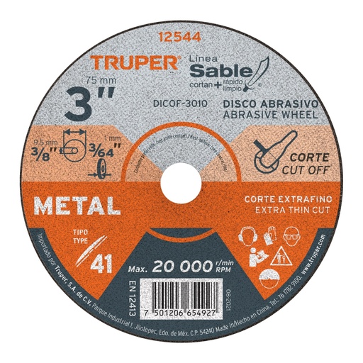 [12544] Disco abrasivo de corte preciso metal 3' x 1 mm, TRUPER DICOF-3010