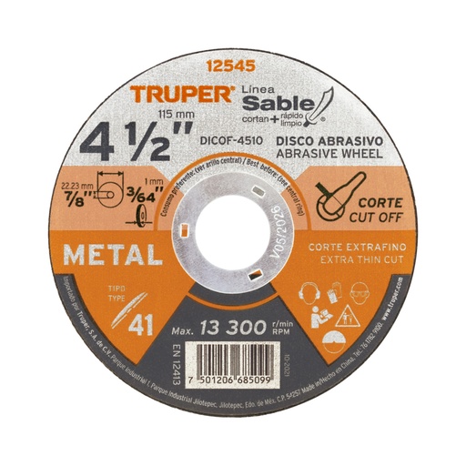 [12545] Disco abrasivo de corte preciso metal 4-1/2' x 1 mm, TRUPER DICOF-4510