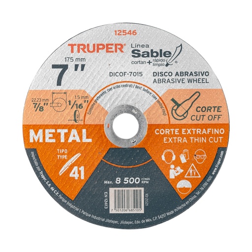 [12546] Disco abrasivo de corte preciso metal 7' x 1.5 mm, TRUPER DICOF-7015