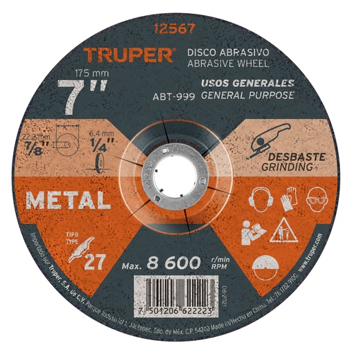 [12567] Disco Tipo 27 de 7' x 6.4 mm para desbaste de metal, TRUPER ABT-999