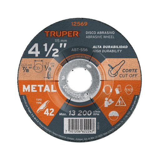 [12569] Disco Tipo 42 de 4-1/2' x 3.2 mm para corte de metal, Truper ABT-556