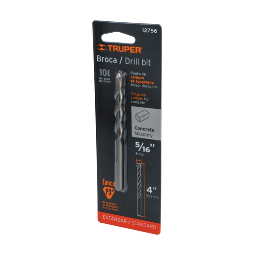 [12756] Broca para concreto de 5/16 x 4' en blíster, TRUPER BCT-5/16X4-B