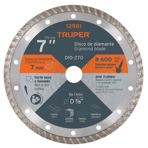 [12981] Disco de diamante de 7' x 2.8 mm, rin turbo, TRUPER DID-270