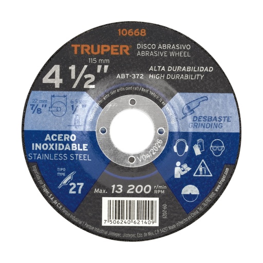 [10668] Disco Tipo 27 de 4-1/2' x 6.5 mm desbaste acero inoxidable ABT-372