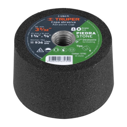 [13782] Copa desbaste de piedra 3-5/32' grano 80, eje 5/8-11, TRUPER C-1284-PI