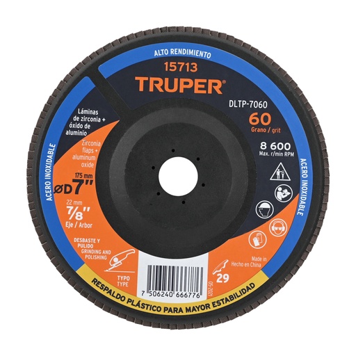 [15713] Disco laminado 7' grano 60 centro 7/8', plástico, TRUPER DLTP-7060