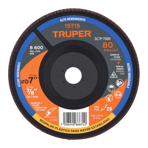 [15715] Disco laminado 7' grano 80 centro 7/8', plástico, TRUPER DLTP-7080