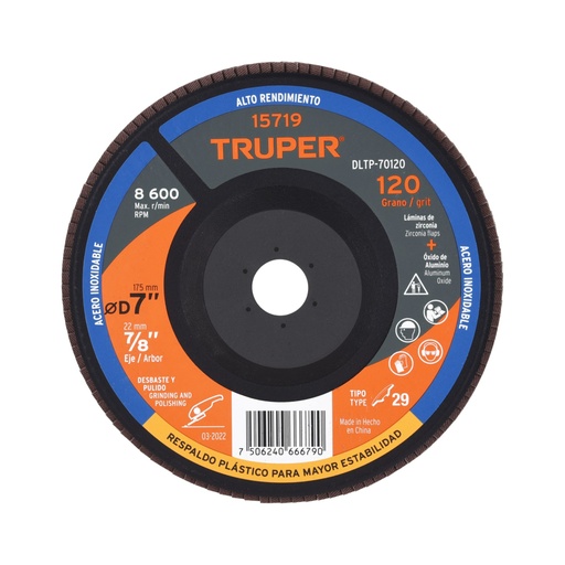 [15719] Disco laminado 7' grano 120 centro 7/8', plástico, TRUPER DLTP-70120