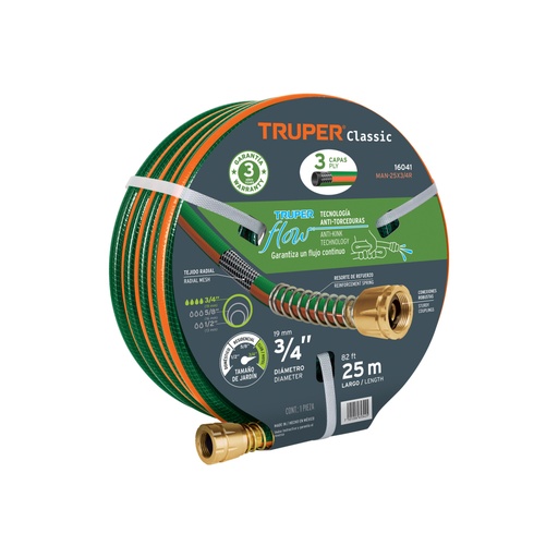 [16041] Manguera 3/4' reforzada 3 capas 25 m conexiones de metal MAN-25X3/4R